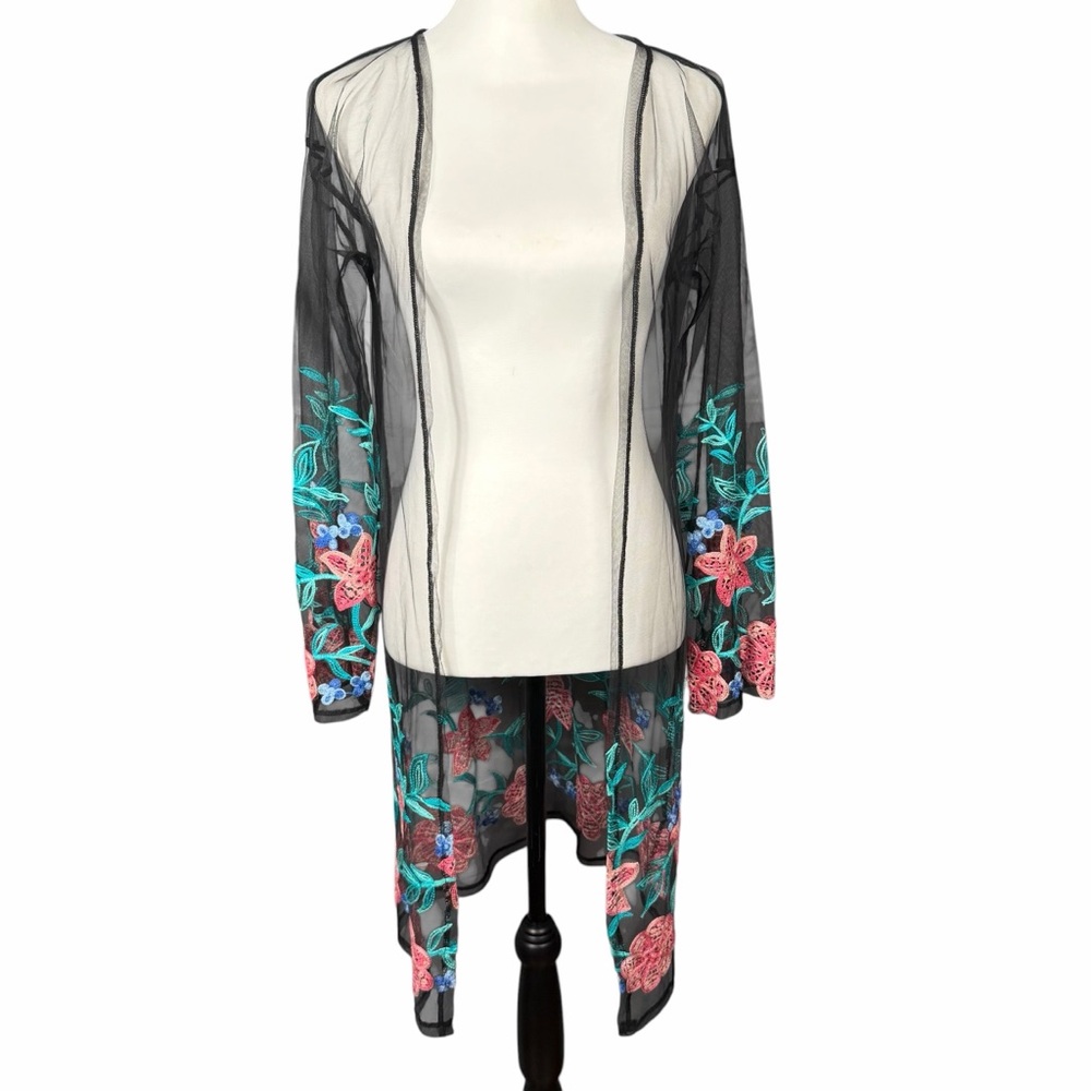 Janice Apparel Duster O/S Black Sheer Embroidered Boho Kimono Cover Up - Picture 6 of 6